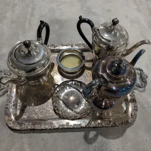 Lot of Vintage E.P. Lead Tea Pots, trays and etc.