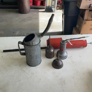 Galvanized Oil Pour Can and Antique Hand Oilers
