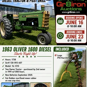 1963 Oliver 1600 Diesel Tractor Model 16-1210  & Post hole drill