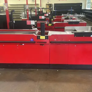 Royston UL-6-55-RH-1 metal single belt checkout lane. Features a red finish, stainless steel top surfaces, lower storage shelving, and an integrated m