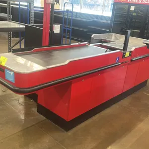 Royston UL-6-55-RH-1 single belt checkout lane. Features metal construction with a red finish, single conveyor belt, stainless steel bagging area, und