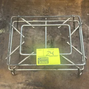 Metal wire dunnage rack. Features durable wire frame construction with integrated loop-style legs designed to elevate containers, pots, or goods off t