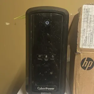 CyberPower CP850PFCLCD uninterruptible power supply. Features front control buttons, five battery and surge outlets, and five surge-only outlets. Equi