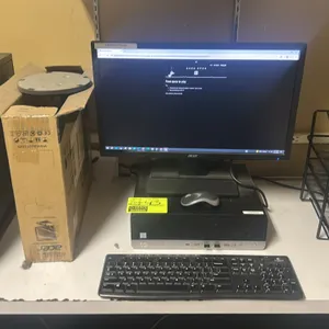 HP EliteDesk 800 G3 small form factor desktop computer package. Features an Intel Core i5 processor. Includes (2) 27" Acer monitors, a Logitech keyboa