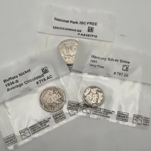 1936-S Buffalo Nickel, 1941 Mercury Dime and 2019 National Park Quarter