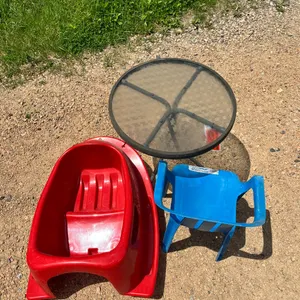 Childrens Sled, Outdoor Table and Plastic Chair