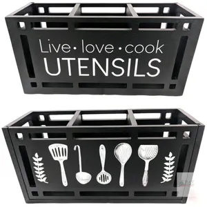 New Large 3 Compartments Solid Real Wood Utensil Caddy Organizer KR100109, Rectangular Cooking Tools Storage for Countertop, Designs on Front & Ba