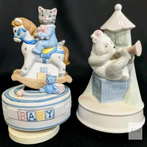 2 Vintage Porcelain Music Boxes: m Kitty Cucumber Ceramic Music Box, Baby Kitty on a Rocking Horse With On/Off Switch &  1986 Arnar Circus Panda, 