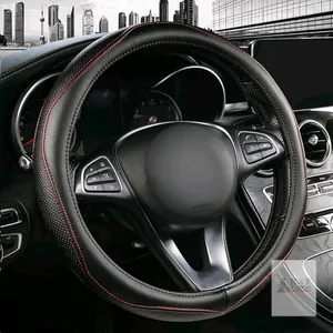 New Pjbtyz High-Grade Real Cowhide Steering Wheel Cover for Men Women，Black Genuine Leather Steering Wheel Cover for Cars,Universal 14.5-15 inch Steer