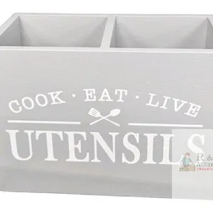 New Large Grey Kitchen Utensil Holder KR100019For Countertop, Farmhouse Solid Wood Utensil Caddy with Removable Bottom, Large 2 Compartments Cooking U