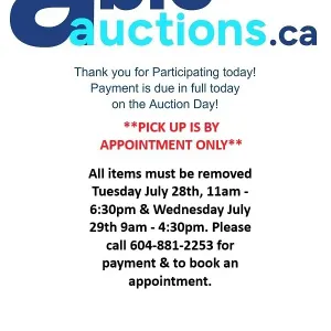 *Pick up is by appointment only. Tue July 28th 11am - 6:30pm & Wed July 29th 9am - 4:30 pm*