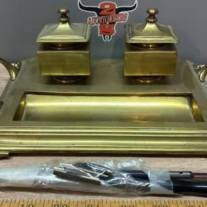 Brass Double Inkwell/Pen Tray. Right side lid