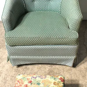 Green Upholstered Armchair and Floral Tapestry Storage Footstool