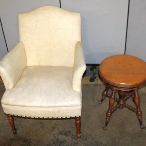 Upholstered Armchair with Wooden Legs and Wooden Clawfoot Piano Stool