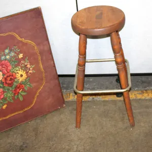 Wooden Bar Stool, Folding Wood Slat Stool, and Floral Needlepoint Style Folding Table