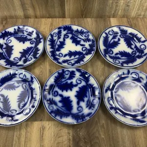 Flow Blue Leaf Pattern Plates Set of Six
