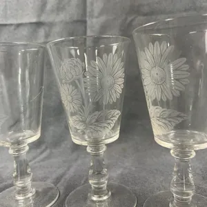 Etched Floral Glass Stemware Goblets Set of 3