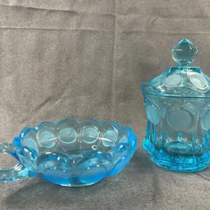 Fostoria Aqua Blue Coin Glass Candy Jar and Bowl