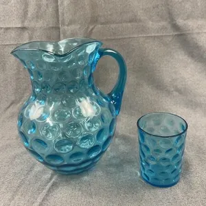 Blue Glass Coin Dot Pitcher and Tumbler Set