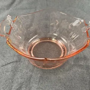 Vintage Pink Depression Glass Handled Bowl Floral