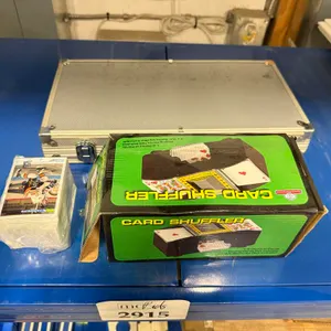 Poker Chips & Card Set, Stack of Hockey Cards & Card Shuffler