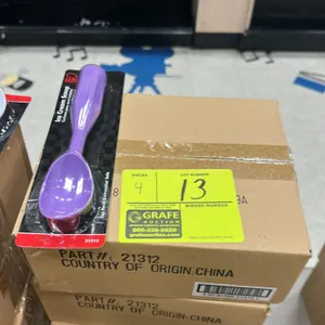 Package lot of (4) boxes of Chef Craft 21312 poly ice cream scoops, with 8 scoops per box for a total of 32 scoops. Features purple plastic constructi