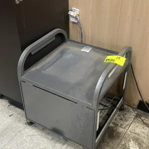 Stainless steel portable cart. Features a flat top surface, integrated side handles, a front hinged drop-down door, and an open bottom shelf. 20"x20"x