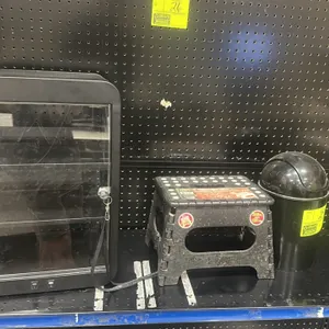 Assorted tabletop and convenience lot. Includes (1) lockable tabletop display case featuring a clear door with key, two interior shelves, and dual bot