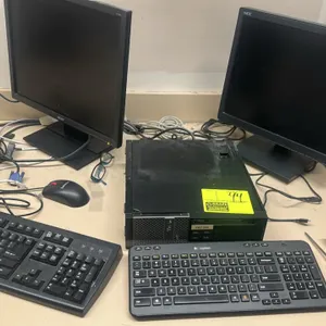 Dell small form factor desktop computer lot. Includes (1) Acer LCD monitor, (1) NEC MultiSync LCD monitor, (2) keyboards (including Logitech), (2) mic