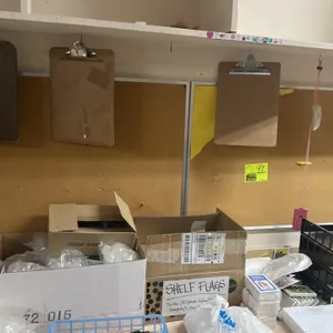 Assorted wall-mounted message boards. Includes five cork bulletin boards with wood and metal frames, and one whiteboard. Designed for wall mounting. M