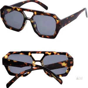 New Tortoiseshell Grey Lens Trendy Designer Inspired Aviator Sunglasses for Women Men Hexagonal Square Thick Frame Double Bridge Sun Glasses