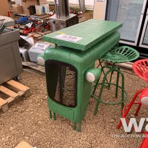 GREEN TRACTOR BISTRO TABLE & 2 SWIVEL STOOLS