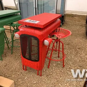 RED TRACTOR BISTRO TABLE & 2 SWIVEL STOOLS
