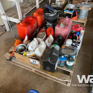 PALLET OF MISC. OILS, FLUIDS & JERRY CANS