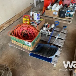 PALLET OF EXTENSION CORDS, SHOVELS & PAINT