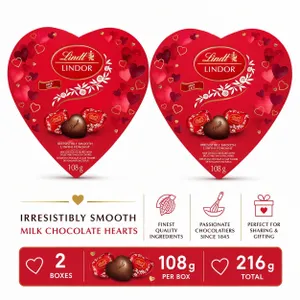 2 LINDT LINDOR MILK CHOCOLATE HEARTS 108G BB