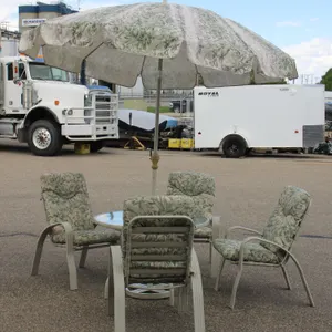 GREEN + TAN PATIO SET WITH UMBRELLA + STAND