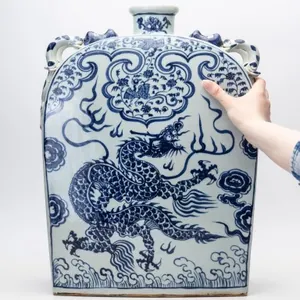 BLUE AND WHITE DRAGON AND PHOENIX FLASK VASE