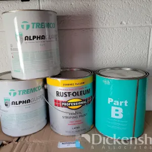 (2) CANS TREMCO ALPHA GUARD ROOF COATING, TRAFFIC STRIPING PAINT AND PART B BASE OR TOPCOAT