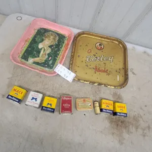 Vintage Tetley Tea and Coca-Cola Advertising Trays with Blue Ribbon Spice Tins and More