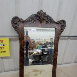 Antique Quarter-Sawn Oak Beveled Mirror with Carved Scroll Pediment, Circa 1890s 23 x 32"