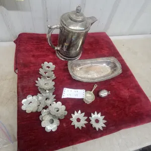 Silver-Plated Coffee Pot, Ornate Serving Tray, Tea Strainers, and Punched Metal Xmas Light