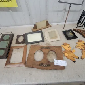 Assorted Vintage Picture Frames, Wooden Animal Cutouts, Metal Easel Stand, and More