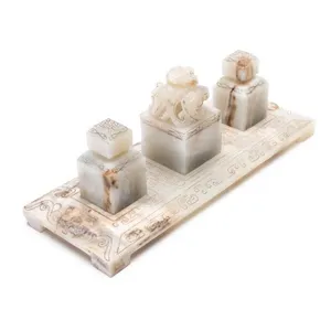 CHINESE HARDSTONE DESK SEALS SET WITH STAND