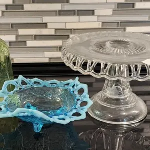 EAPG Open Lace Cake Stand, Blue Opalescent, etc.