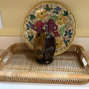 Italian Ceramic Plate, Rattan Tray, & Cruet Set