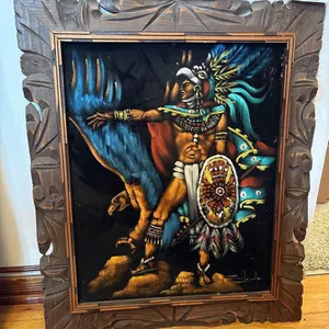 HAND PAINTED VELVET AZTEC WARRIOR PAINTING - signed