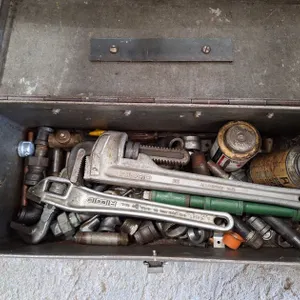 Assorted Wrenches and More in Metal Toolbox