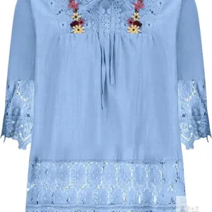 New Size 18 Women's Linen-Style Cotton Blend Boho Top Floral Embroidered Lace Shirts 3/4 Sleeve Flowy Blouses Plus Size Loose Shirts Summer Tunic Top