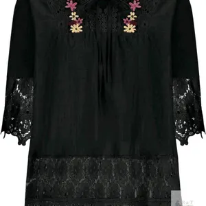 New Size 18 Women's Linen-Style Cotton Blend Boho Top Floral Embroidered Lace Shirts 3/4 Sleeve Flowy Blouses Plus Size Loose Shirts Summer Tunic Top
